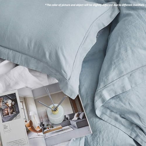 Simple&Opulence 100% Linen Duvet Cover Set with Embroidery Border Washed - 3 Pieces (1 Duvet Cover & 2 Pillow Shams) with Button Closure Soft Breathable Farmhouse - Dusty Blue, Queen Size - color: Dusty Blue, size: Queen