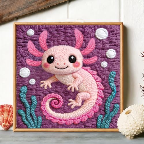 BEUNITONE Pink Axolotl Punch Needle Kit for Adults Beginners, Complete DIY Craft Needlepoint Kits with Hoop, Punch Needle Starter Craft Embroidery Set for Handmade Decor & Stitching Projects 9.4X9.4" - color: 02-Pink Salamander