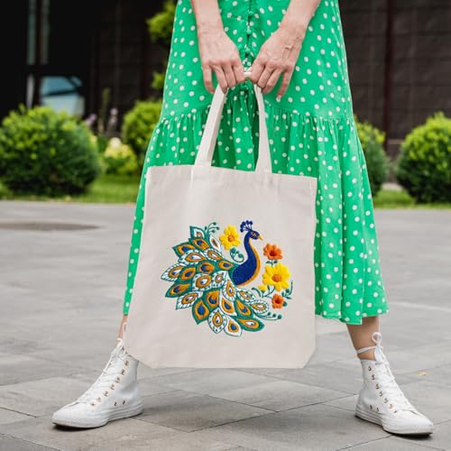 Louise Maelys Peacock Flower Embroidery Kit for Beginners Canvas Tote Bag - color: Peacock
