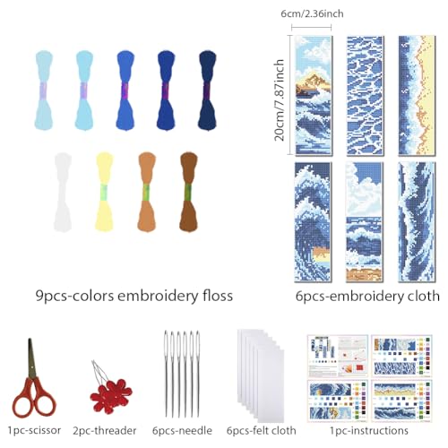 FREEBLOSS 6 Set Cross Stitch Bookmark Kit Cross Stitch Kit Sea Wave Stamped Embroidery Bookmark with Instruction Landscape Cross Stitch Kits for Adults DIY Bookmark Kit 8.66''x3.15'' - style: Waves