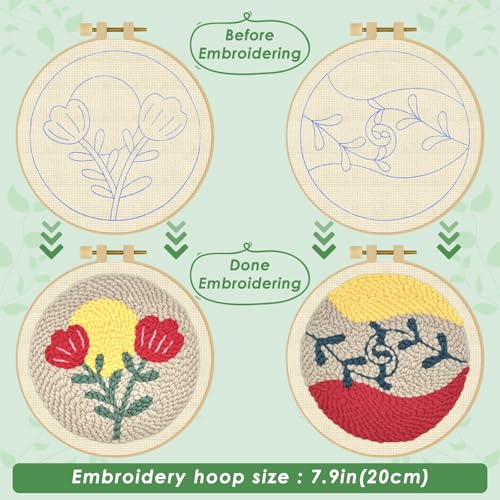 ERKOON Punch Needle Kit Adults Beginners, 2 Pcs DIY Easy Floral Embroidery Set for Starter Art Craft, Needling Punching Project with Patterns, Tools, Yarns, Hoop, Instruction (Rose) - color: Rose