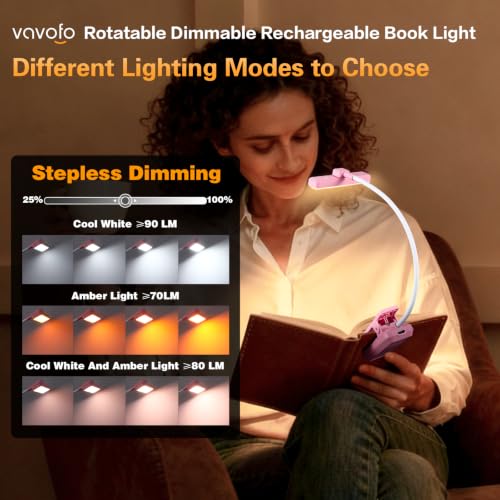 VAVOFO 24 LEDs Rotatable Book Light, Rechargeable Clip Reading Lamp, Pink - color: Pink