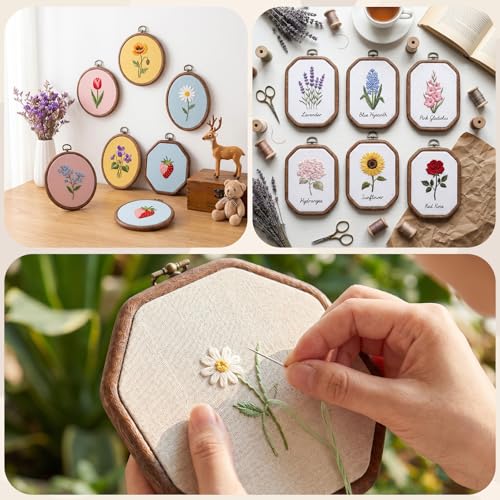 9 Pieces Circle/Oval/Octagonal Decorative Embroidery Hoop Frame for Display, Large Wood-Grain Embroidery Frames for Display Cross Stitch Frame for DIY Craft Art Sewing Hanging Ornaments Home Decor