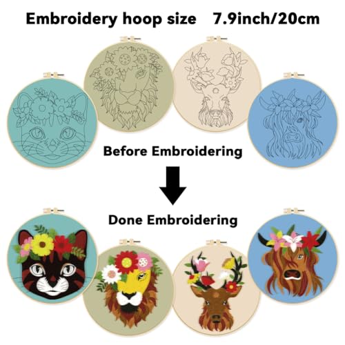 ORIGACH 4 Pack Animals Embroidery Kits for Beginners, DIY Starter Hand Embroidery Kit with Cat Lion Deer Cow Patterns and Instructions for Adults Women Crafting - color: Animals
