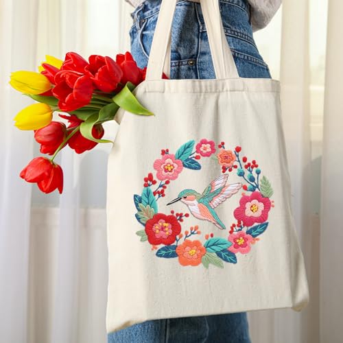 Louise Maelys Hummingbird Embroidery Kit Canvas Tote Bag for Beginners - color: Humming Bird