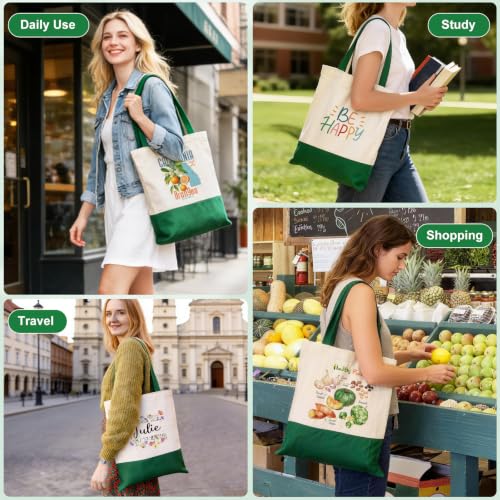 Canvas Tote Bag with Zipper for Women, Halloween Trick or Treat Bags Bulk - color: [A2] Beige / Green