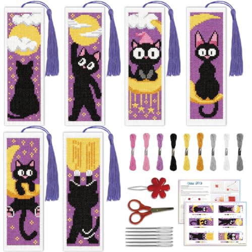 ACRNIGHEET 6PCS Cross Stitch Bookmark Kit for Beginner Stamped Cross Stitch Kits for Adults Cute Cat & Moon DIY Tassel Embroidery Bookmark Kits Needlepoint Kit with Instructions Gift 8.5''x3'' 11CT - style: Moon Cat with Tassel