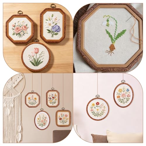 10pcs Embroidery Hoop Frames, Imitated Wood Cross Stitch Hoops Display with 10 Sizes & 5 Shapes Decorative Embroidery Hoop for DIY Sewing Art Crafts Needlework & Wall Hanging Decor
