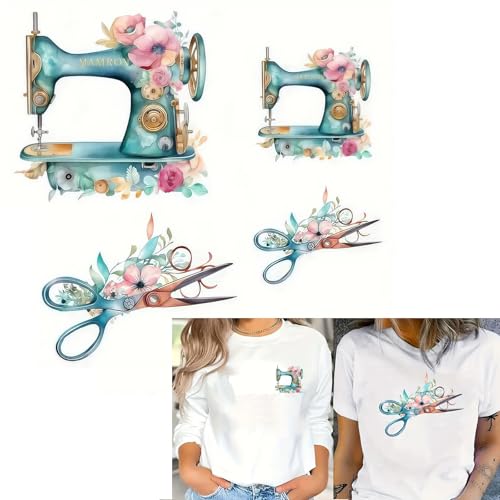 4pcs Sewing Machine Scissors Flowers Designs Iron On Transfers for T-Shirts Rub on Transfers Stickers Vinyl Ready to Press Stickers Iron on Decals for T-Shirts Clothing Hoodie DIY Crafts