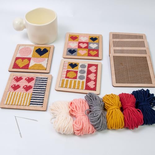 Yushen 4Pcs Heart Coaster Needlepoint Kit for Adult Cross Stitch Kits DIY Adults Needlepoint Embroidery Set No Patterns Stamped Embroidery Needles Threads Crafts (Love) - color: Love