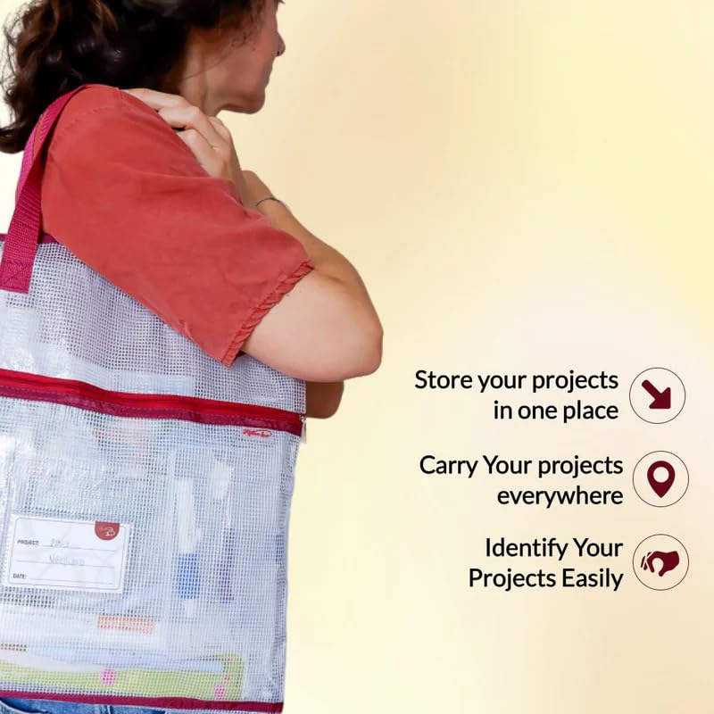 Madam Sew Project Bag - Craft Bag Organizer Tote with Handles, Two Pockets, See-Through Mesh, and Card Slot – Perfect for Quilting, Knitting, Stitching and Embroidery Projects Storage - 16”x16” - color: White