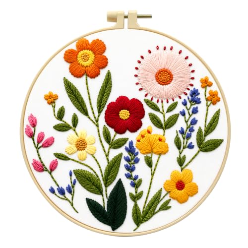 Zhenqing Wildflower Embroidery Kit for Beginners, Floral Needlework Kit with Pre-Printed Cotton Fabric, Hoop, Threads & Tools, Flower Wall Decor (C0125) - color: Wildflower Floral