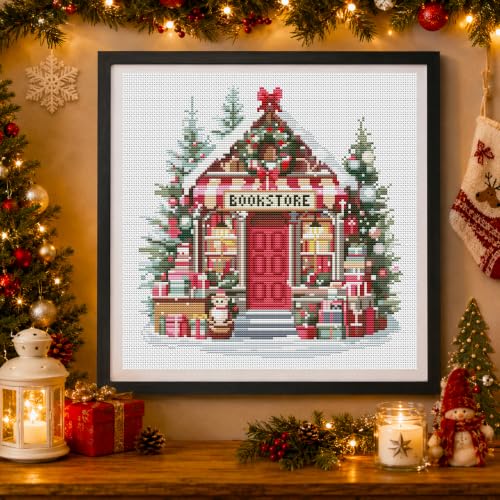Christmas Bookstore Stamped Cross Stitch Kits for Adults Beginners 14x14 in - color: Christmas bookstore Cross Stitch