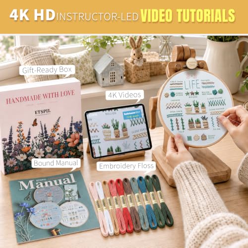 ETSPIL Embroidery Kit for Beginners, 4K Step-by-Step Video, Adults, Gift - color: simple B