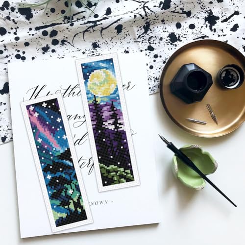 BEUNITONE 6 Pcs Landscape Bookmarks Cross Stitch Kits for Adults Beginner Scenery Cross Stitch Bookmark Kit Aurora Needlepoint Bookmark Kit Stamped DIY Embroidery Kit with Instructions 2.4x8 in - style: Dreamy Landscape
