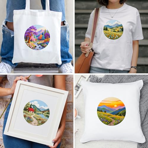 BEUNITONE 4 Set Fairy Tale Landscape Embroidery Kit for Beginners 7.9"x7.9" Pre-Stamped Pattern Needlepoint Kits with Hoop, Tools & Instruction, Handamde Embroidery Kits for Fabric and Home Decor - style: C-Natural Scenery