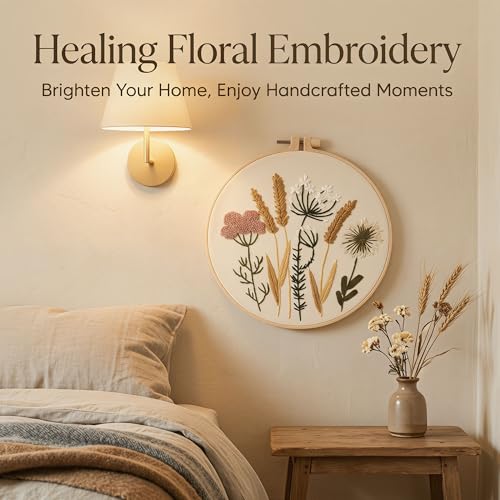 Harimau Adult Beginner Embroidery Starter Kit, Complete Set with 4 Patterns, 2 Hoops, Needles, Scissors, Instruction Guide & Stitching Video Tutorials - color: Floral3 pattern