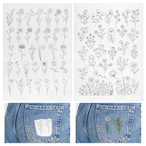 Water Soluble Embroidery Stabilizer, 2 Sheet Stick Stitch Embroiderys Transfer Paper Embroiderys Paper Tear Away Embroidery Stabilizers with Flower Patterns for Flower Frame,Hand Sewing Crafts