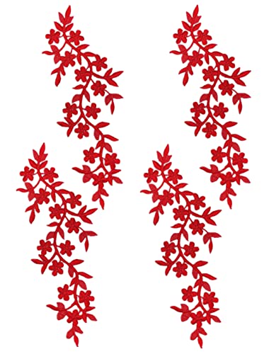 4 Pieces 10x5inch Long Patch Flower Vine with Leaf Iron on Patch Embroided Applique for Garment Curtain Pillow Blanket Trimming Shoes Jeans Clothing Embelishments (Red) - color: Red