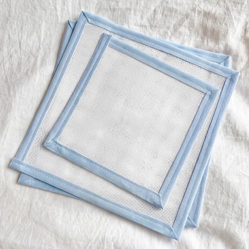 3 Pcs Blank Needlepoint Canvas 18 Mesh with Blue Bias Tape Edge - color: Blue