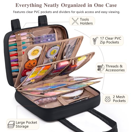 AMOIGEE Sewing Bag Organizer with 17 Clear Pockets and Tool Holders - color: Black