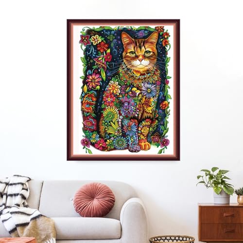 Funxvoot Stamped Cross Stitch Kits for Beginners or Adults Embroidery Starter Patterns | DIY Printed Cross Stitch Kits Needlepoint for Adults or Kids 11CT-Colorful Flower Cat 16x20 inch - color: color23