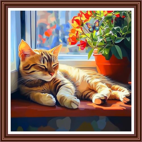 Dimensean Counted Cross Stitch Kit for Beginners, 11CT Unprinted Cross-Stitch Kit Easy Patterns Needlepoint Kit Cross Stitching Embroidery Kit Supplies-Window Side cat 18x18 inch - color: ColorDIY21
