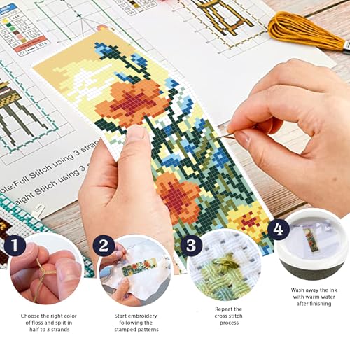 FREEBLOSS 6 Set 11CT Cross Stitch Bookmark Kit 8x2.4inch Wild Flowers - style: Wild Flowers