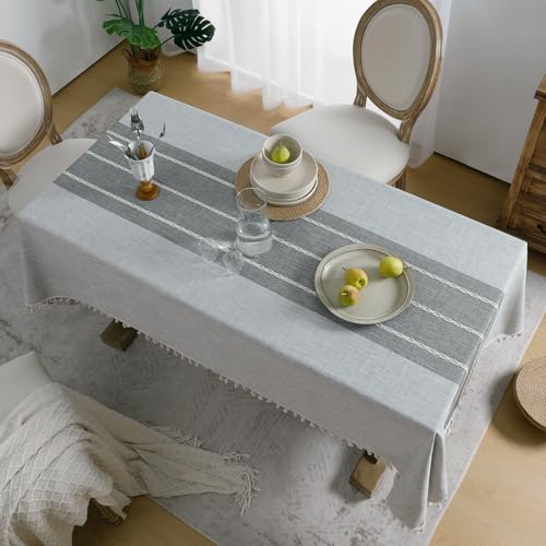 Softalker Outdoor Linen Rectangle Tablecloth with Tassel, 55 x 70 Inch - color: Grey Lines, size: 55" x 70" (Rectangular)