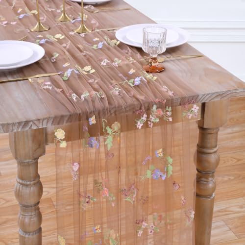 Floral Gauze Table Runner 10ft Embroidery Tulle Spring Wildflower Table - color: Brown, size: 27"x120",1pc