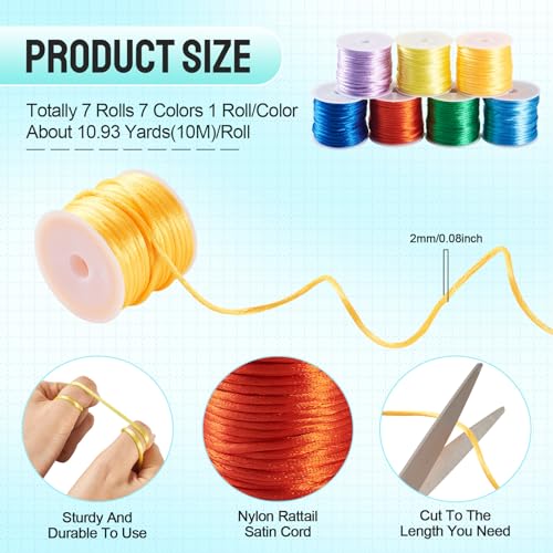 Elecrelive 77 Yards 2mm Rattail Satin Cords Nylon String 7 Colors Silk Trim Beading String for Braided Bracelet Kumihimo Lanyards Jewelry Keychain - color: 7 Colors