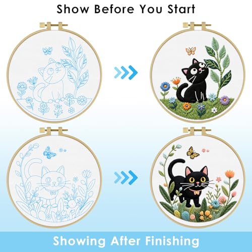 ERKOON Embroidery Kit for Beginners, 2 Set Flower Cross Stitch Set Include Embroidery Cloth Hoops Threads for Craft Lover Hand Stitch with Embroidery Skill Techniques (Cat) - color: Cat