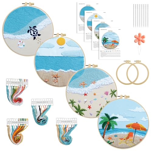 4 Set Ocean Embroidery Kit for Beginners Adults Embroidery Starter Kit Ocean Beach Pattern Spring Summer Hand Crewel Embroidery Kit Cross Stitch Kit Include Instruction 2 Hoops Color Threads Needles - color: Ocean