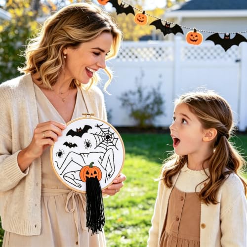 Halloween Embroidery Kits for Beginners Adults, Spooky Spider Bat Embroidery Kits, Stamped Cross Stitch Kits Needlepoint Kits for Adults Woman Halloween Gifts, Embroidery Hoop, Thread, Video Tutorial - color: H2076