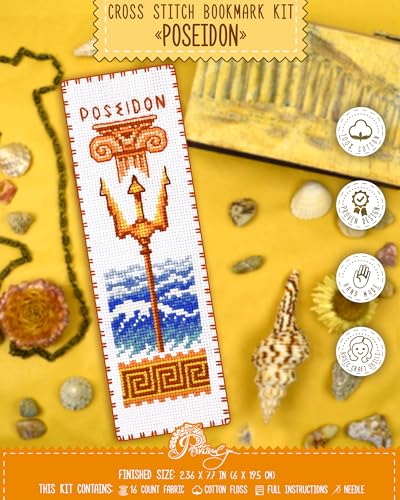 Povitrulya Counted Cross Stitch Kit Poseidon – DIY Bookmark Embroidery Set for Adults & Beginners, Trident Sea Waves Ancient Greek Mythology Needlework Gift - color: Poseidon