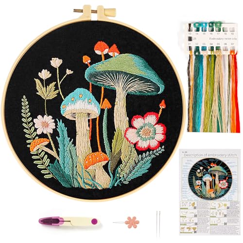 Mushroom Embroidery Kit for Beginners Adults, Stamped Hand Embroidery Kit, Embroidery Starter Kit with Floral and Mushroom Design, Cross Stitch Kits with Printed Embroidery Cloth and Embroidery Tools - color: Black Multi