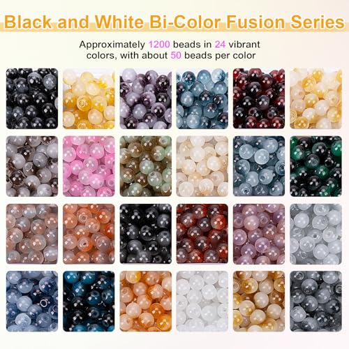 XSEINO About 1200+ pcs 6mm Glass Beads Bracelet Making Kit Black and White - color: BlackWhite Bi-Color Fusion Series