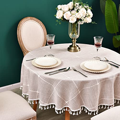Cotton Linen Round Tablecloth Plaid Heavy Weight Table Cloth for Round Tables Checkered Tassel Table Covers for Kitchen Dining Room Tabletop Decoration, Diameter 70 inch, Coffee - color: Coffee, size: 70" (Round)