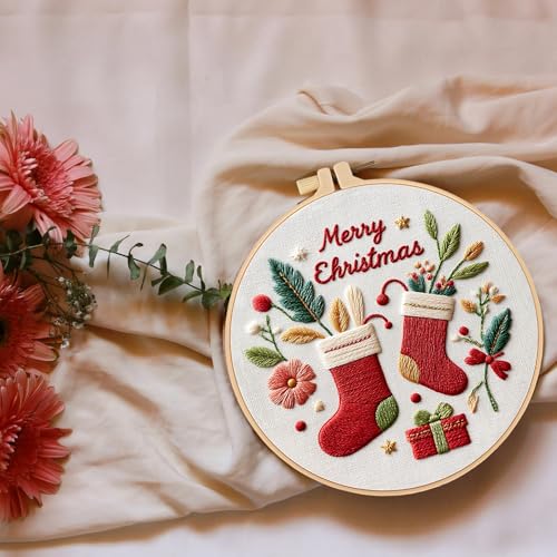 Smart-Feather 3 Sets Holiday Embroidery kit for Beginners, Hand Embroidery Kits for Adults with Hoop, DIY Art Project Craft Kit (Season) - style: season
