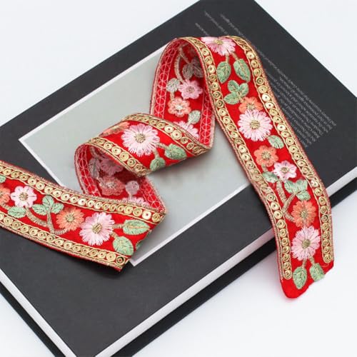 1.5 Inch Red Embroidered Woven Ribbon Trim Jacquard Ribbon 3D Flower Embroidery Tape Boho Floral Fabric Sewing Applique Ribbons for Sewing Making Craft Gift Diy Christmas Embellishment Decor - color: Red