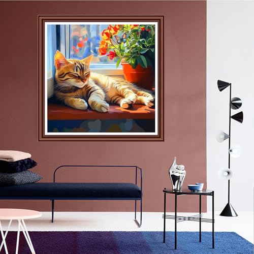 Dimensean Counted Cross Stitch Kit for Beginners, 11CT Unprinted Cross-Stitch Kit Easy Patterns Needlepoint Kit Cross Stitching Embroidery Kit Supplies-Window Side cat 18x18 inch - color: ColorDIY21