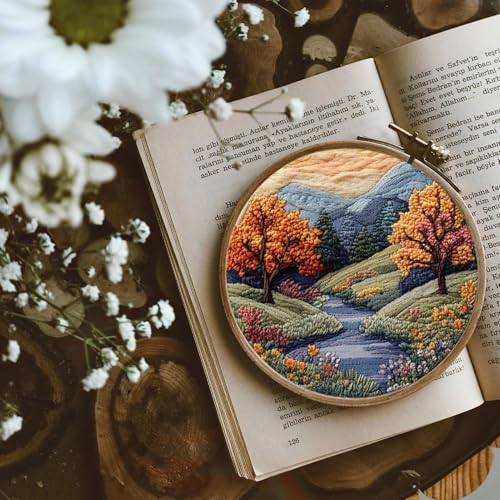 FONNUY Embroidery Kit for Beginners, Boho Nature Landscape Pre-Stamped Pattern Kits for Adults with Hoop, Easy to Follow Color Thread Needlework, 8'' Hoop (Mountain Trail) - color: Mountain Trail