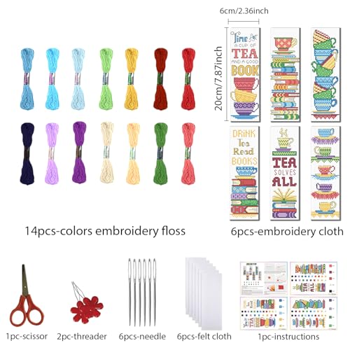 FREEBLOSS 6 Set Cross Stitch Bookmark Kits Book Teacup Pattern Stamped Cross Stitch Kit 11CT Embroidery Kit with Instructions for Beginners 20x6cm/8x2.4inch - style: Traditional