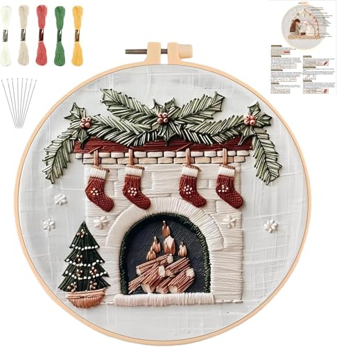 YOUDRN Christmas Embroidery Kits, Fireplaces Embroidery Kits for Adults - color: Fireplaces