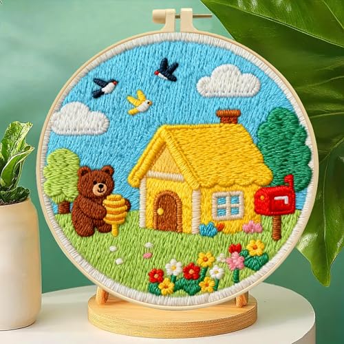 Zhenqing Spring Cottage Embroidery Kit for Beginners, Bear and Honey Craft Set with 20cm Hoop, Printed Design on 29x29cm Cotton Fabric, DIY Cheerful Wall Art (C0160) - color: Spring Cottage