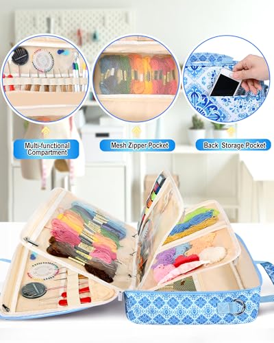 Sewing Supplies Organizer Bag with Removable Binder, Blue Floral - color: Blue