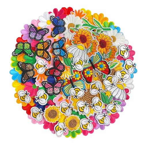 80Pcs Flower Butterfly Bee Iron on Patches Bulk, Sew on Embroidered Applique Flower & Butterfly Patch for Clothing, Hats, Backpacks, Jackets, and Bags - color: Flower & Butterfly