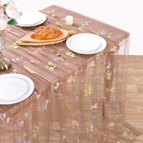 Gauze Table Runner Cloth Flower 10ft Embroidery Tulle Spring Wildflower - color: Brown, size: 60"x120",1pc