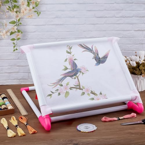FINGERINSPIRE Universal Embroidery Clip Frame Deep Pink and White Plastic Scroll Embroidery Frames Embroidery Hoops Needlepoint Stretcher Frame Household Handheld Cross Stitch Sewing Tool