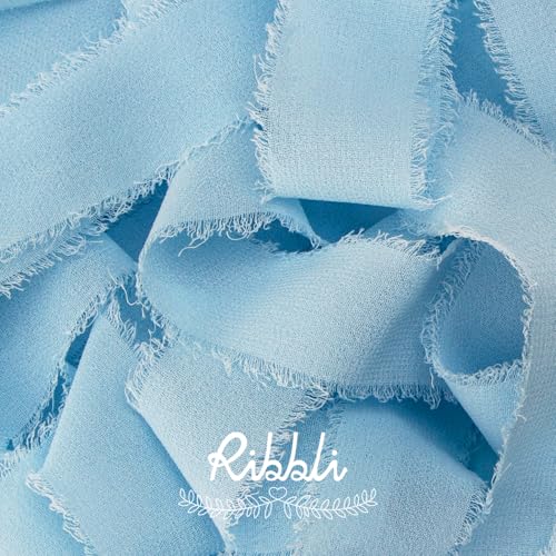 Ribbli Baby Blue Ribbon 1 Inch x 3 Rolls Total 24 Yards Light Blue Handmade Fringe Chiffon Silk Ribbon for Wrapping Wedding Invitations Bridal Bouquets DIY Crafts Home Decor - color: Baby Blue